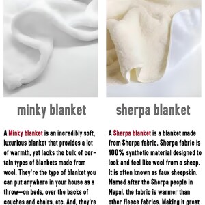 May include: Close-up of two white fabric swatches. The left swatch is labeled "minky blanket" and the right swatch is labeled "sherpa blanket". The text describes the characteristics of each fabric.