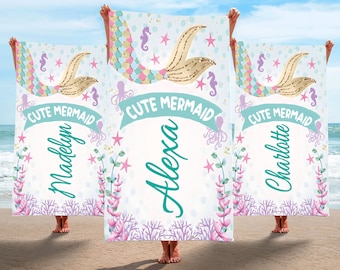 Cute Mermaid Beach Towel, Custom Mermaid Beach Gift, Custom Marine Beach Towel, Custom Beach Towel for Kids, Starfish Beach Towel, Best Gift