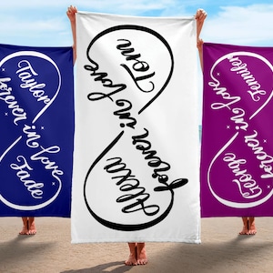 Personalized Bride Groom Beach Towel, Custom Infinity Towel, Bride Honeymoon Travel, Gift For Couples, Beach Bachelorette, Just Married Gift