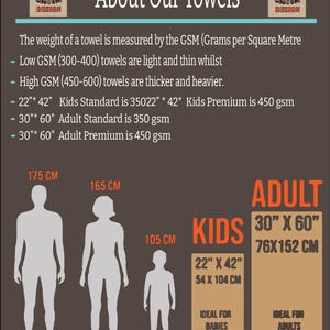 May include: Diagram showing the different sizes of towels for adults and children. The adult towels are 30 inches by 60 inches (76 cm by 152 cm) and the children's towels are 22 inches by 42 inches (54 cm by 104 cm).
