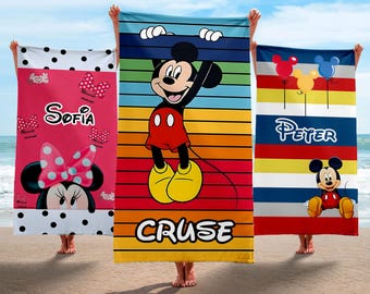 Personalized Disney Beach Towels for Kids and Adults, Mickey & Minnie Custom Name Summer Gift, Unique Toddler Gift, Boys / Girls Beach Towel