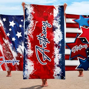 American Flag Custom Beach Towel, Independence Day Pool Towel, Personalized Stars Name Towel, Patriot Summer Gift, 4 th of July Design