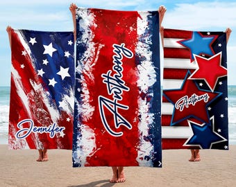 American Flag Custom Beach Towel, Independence Day Pool Towel, Personalized Stars Name Towel, Patriot Summer Gift, 4 th of July Design