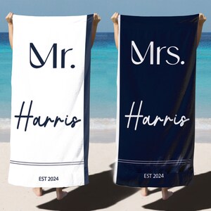 Honeymoon Bride and Groom Beach Towel, Custom Wedding, Beach Towel, Honeymoon Trip, Personalized Gift For Newlywed Mr. & Mrs. Couple Towels