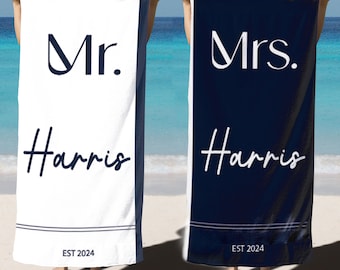 Honeymoon Bride and Groom Beach Towel, Custom Wedding, Beach Towel, Honeymoon Trip, Personalized Gift For Newlywed Mr. & Mrs. Couple Towels