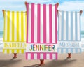 Striped Beach Towels, Stripe Print Beach Towel, Personalized Beach Towel, Custom Name Beach Towel,   Bride Birthday Wedding Vacation Gift