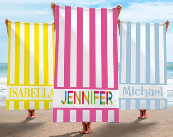 Striped Beach Towels, Stripe Print Beach Towel, Personalized Beach Towel, Custom Name Beach Towel,   Bride Birthday Wedding Vacation Gift