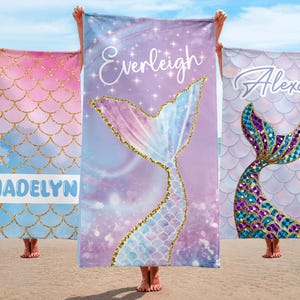 Personalized Mermaid Beach Towel, Cute Mermaid Name Pool Towel, Custom Marine Beach Towel, Custom Beach Towel for Kids, Starfish Beach Towel