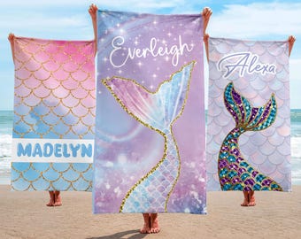Personalized Mermaid Beach Towel, Cute Mermaid Name Pool Towel, Custom Marine Beach Towel, Custom Beach Towel for Kids, Starfish Beach Towel