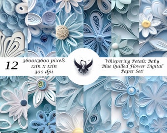 Gentle Blossoms: Delicate Quilled Baby Flower digital papers in Soft Pastel Blue