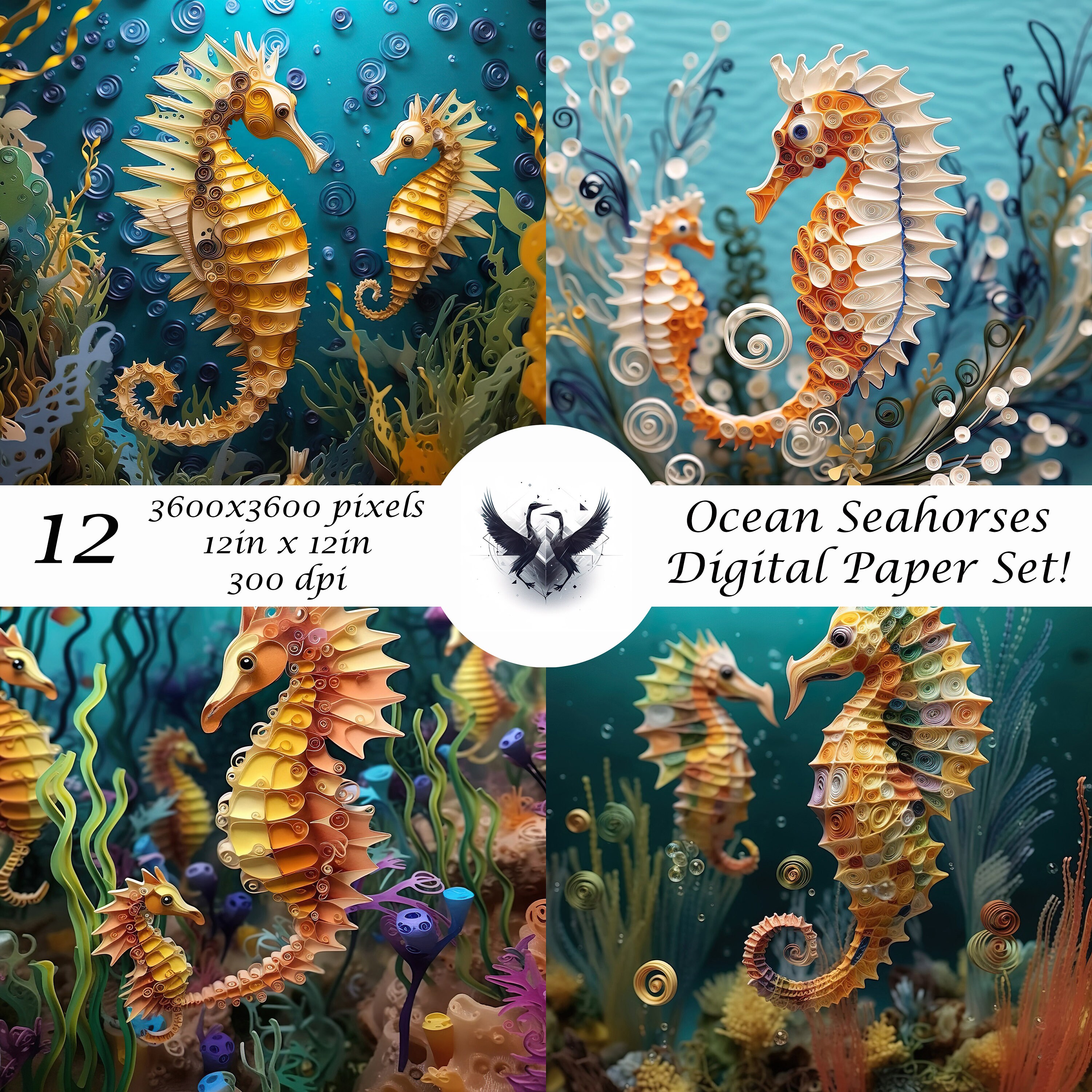 Quilled Ocean Seahorses Digital Paper Set - Etsy