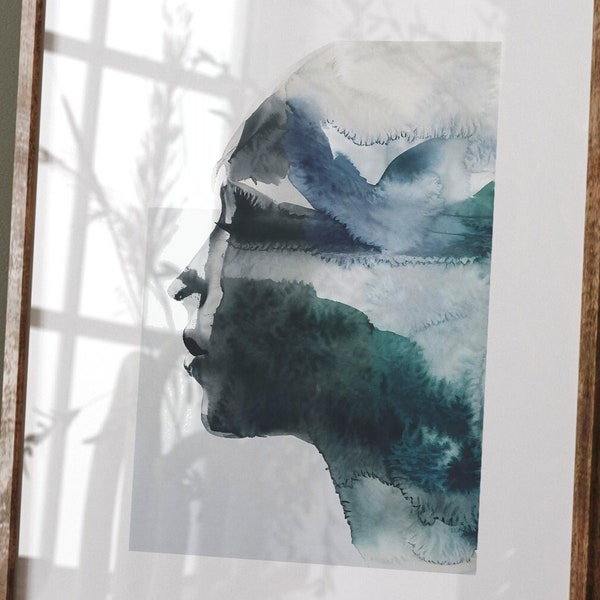 Affiche artistique silhouette aquarelle , Poster moderne portrait abstrait bleu vert, Décoration murale tendance