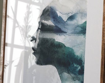 Artistic watercolor silhouette poster, Modern abstract blue green portrait, Trendy wall decoration.
