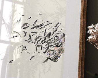 Affiche Artistique Vol d'Oiseaux - Poster Minimaliste en Noir et Blanc - Décoration Murale Élégante - Disponible en A4, A5, A6