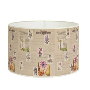 Vintage Flower Garden Lampshade, Retro Handwritten Text Lampshade, Rustic Charm, Beige Lampshade, Available in Lampshade and Pendant.