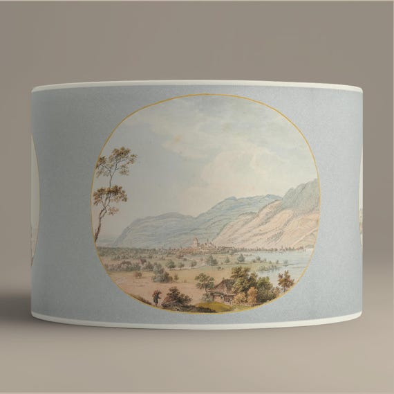 Vintage Drum Lampshade | Paper Lampshade Watercolor Landscape | Antique Print Lamp Shade | Grandmillennial Romantic Decor