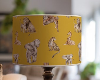 Jungle animal pattern lampshade in 360 gr paper, beige fabric edging, washable, M1 fireproof, made in France