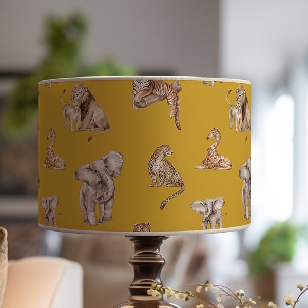 Jungle animal pattern lampshade in 360 gr paper, beige fabric edging, washable, M1 fireproof, made in France