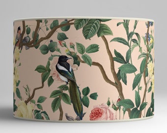 Elegant floral and bird motif lampshade, Vintage Style, for refined interior decoration, in powder pink color