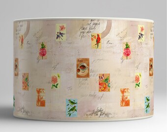 Stamped lampshade with birds, flowers and vintage style paper - Retro decor - Papier 360 Gr Nontissé