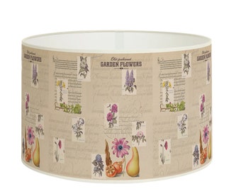 Vintage Flower Garden Lampshade, Retro Handwritten Text Lampshade, Rustic Charm, Beige Lampshade, Available in Lampshade and Pendant.