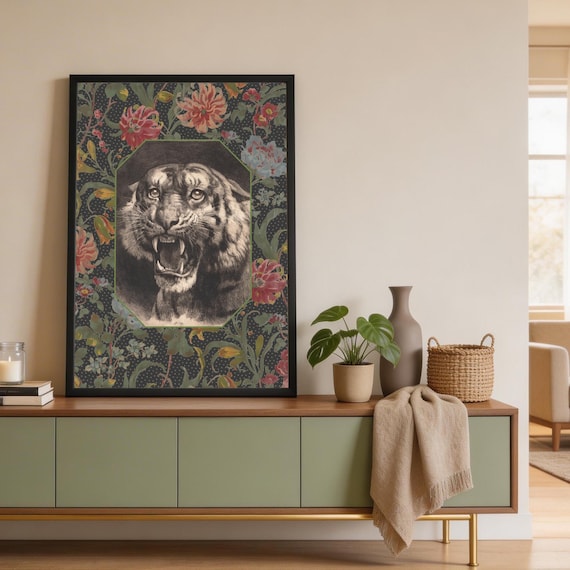 Vintage Roaring Tiger Print | Black White Engraving Dark Floral Border | Victorian Animal Wall Art | Maximalist Art Print Decor