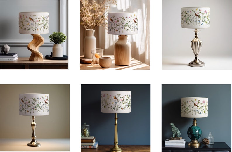 Abat-jour pour lampe ou suspension au plafond Fleurs, plantes et oiseaux sur fond blanc Encres végétales sans solvant image 6