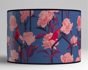 Lampshade illustrating birds and flowers on a blue background - A touch of natural poetry for your home - Washable lampshade