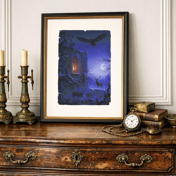 Enchanted Night Poster | Deer Owl Fox Ruins Winter | Fantasy Gothic Wall Art | Art Print Home Decor
