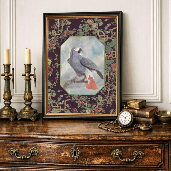 African Grey Parrot Print, Vintage Botanical Art, Chinoiserie Wall Decor, Maximalist Home Art, Ornithology Gift, Floral Bird Poster