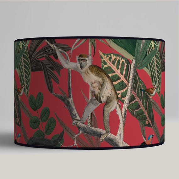 Lampshade for table lamp - Exotic jungle lampshade with monkey and bird - Available as a lamp base or pendant.