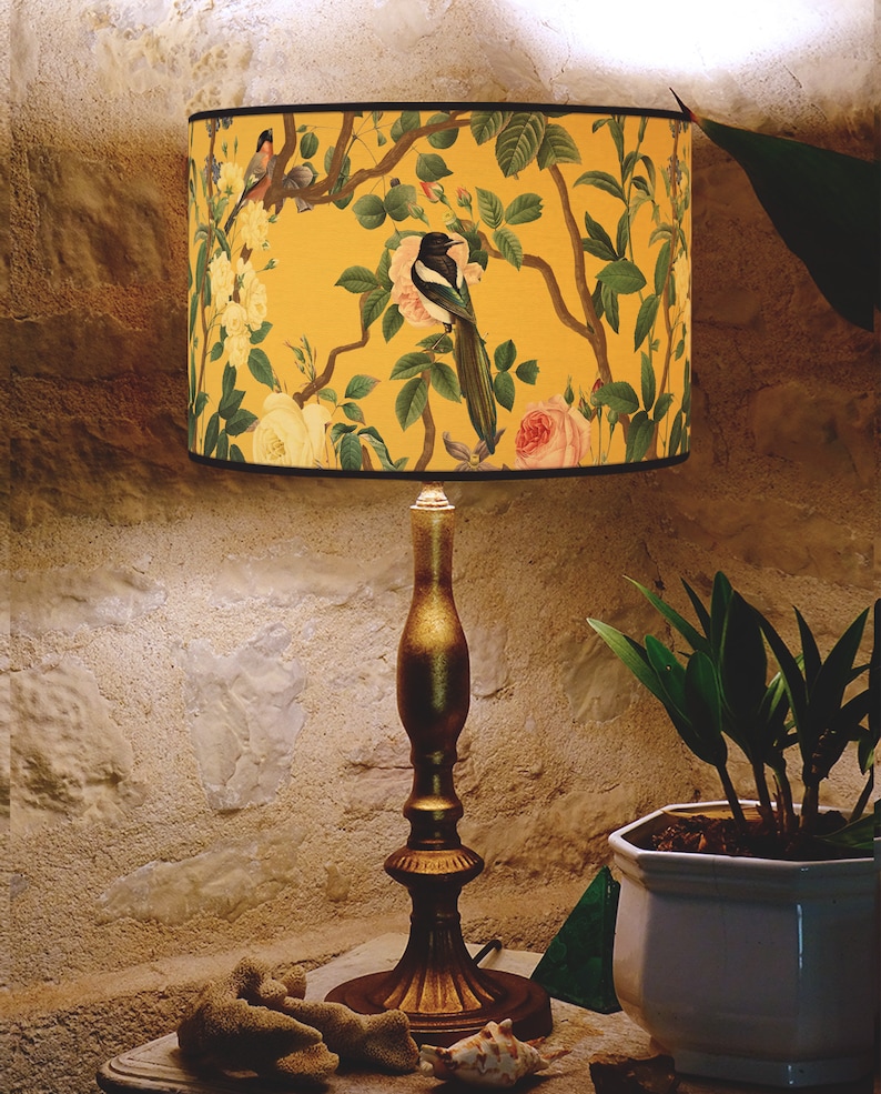 Vintage lampshade birds and flowery branch, lighting accessory, handcrafted lampshade for retro interior design. Vintage atmosphere image 5