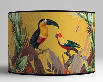 Sunny tropical lampshade, Toucan and parrot patterns, Colorful pendant for an invigorating atmosphere, Available in lampshade and pendant