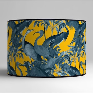 Tropical bird print lampshade in vivid yellow