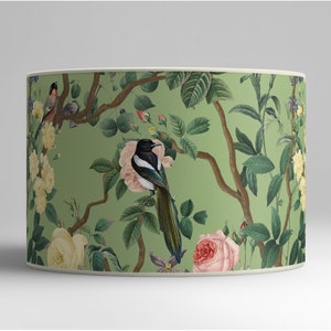 Birds and roses lampshade on pale green background Soothing floral decoration Shade with cream fabric edging Bild 2