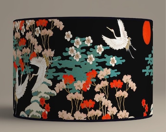 Abat jour pour lampe a poser - Abat-jour motif japonais floral noir - Disponible en pied de lampe ou suspension.