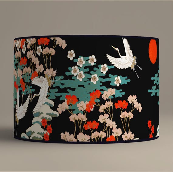 Lampshade for table lamp - Lampshade with black floral Japanese motif - Available for table lamp base or as a pendant.