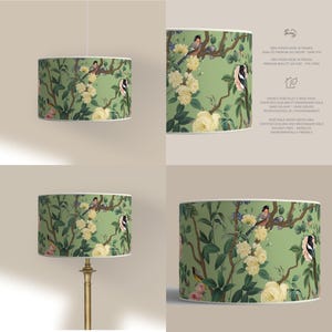 Lampshade for Table Lamp or Pendant Lamp - Handcrafted Lampshade - Birds and Roses on Green Background