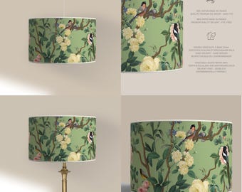 Lampshade for Table Lamp or Pendant Lamp - Handcrafted Lampshade - Birds and Roses on Green Background