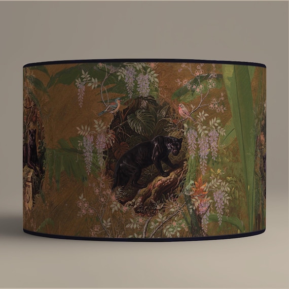 Vintage Jungle Panorama Cylindrical Lampshade – Large Designer Exotic Lampshade - Available for table lamp base or as a pendant.
