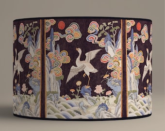 Japanese vintage lampshade, crane and colorful clouds pattern, handmade Asian lampshade, elegant poetic home décor