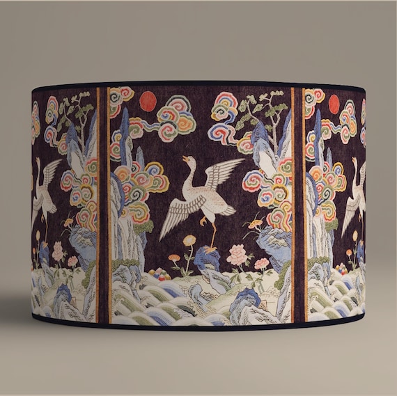Japanese vintage lampshade, crane and colorful clouds pattern, handmade Asian lampshade, elegant poetic home décor