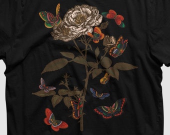 T-shirt Vintage avec Illustration de Rose- Tee-shirt style rétro avec fleurs et papillons