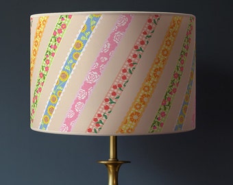 Lampshade with colorful flower stripes - Paper 360 gr, beige fabric edging, washable, M1 fireproof, made in France