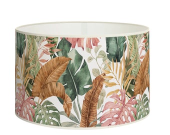Lampshade for lamp or ceiling suspension - Large pink and green tropical leaves on white background - Solvent-free vegetable-based inks