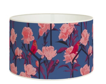 Cylindrical modern lampshade, Pink peonies and red birds on navy blue background, Vibrant floral decor, Available in Lampshade and Pendant.
