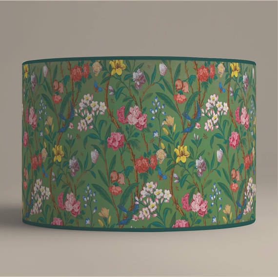 Large Cylindrical Flowers Arts & Crafts Lampshade in Green - William Morris Inspired Design