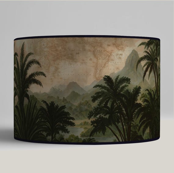 Tropical lampshade vintage-style landscape with exotic jungle pattern in green and beige tones - Available as a lamp base or pendant.