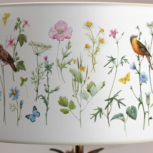 Abat-jour pour lampe ou suspension au plafond Fleurs, plantes et oiseaux sur fond blanc Encres végétales sans solvant image 4