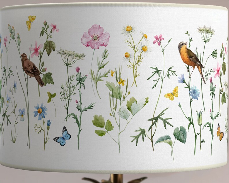 Lampshade for lamp or ceiling suspension Flowers, plants and birds on a white background Solvent-free vegetable-based inks 画像 4